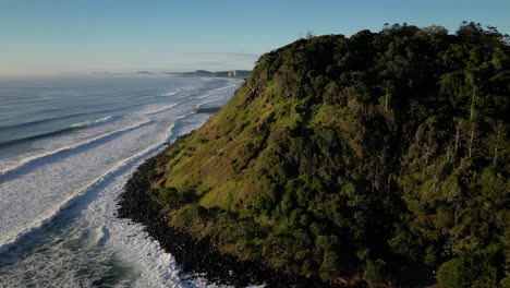 Close-aerial-moving-south-over-Burleigh-Heads,-Gold-Coast,-Australia