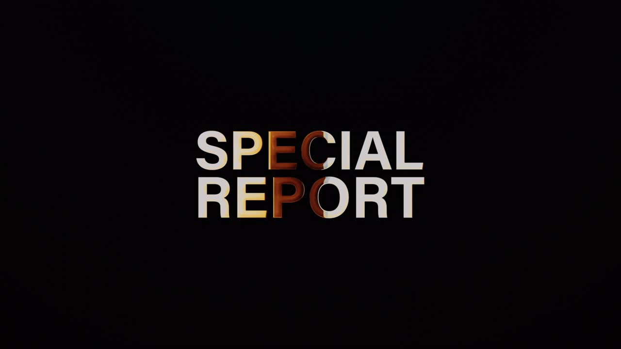 informe especial texto palabra luz de oro bucle de animación con efecto de texto de glitch. 4k 3d bucle sin costuras elemento de efecto de informe especial para tráiler de cine, ventas de marketing título banner. estilo de la vieja consola de juegos