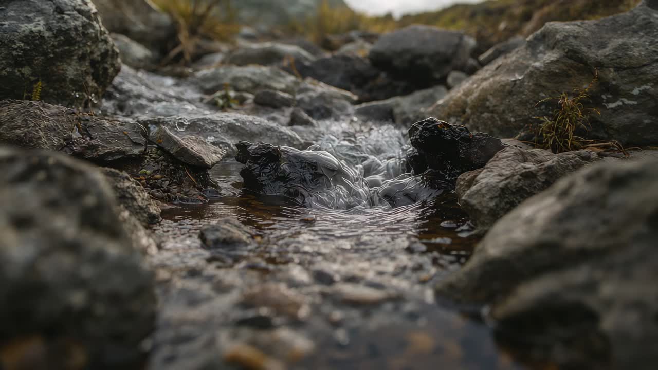 Flowing rocky stream after trickle, falling over wet rocks, pebbles, left slab, driven by gravity