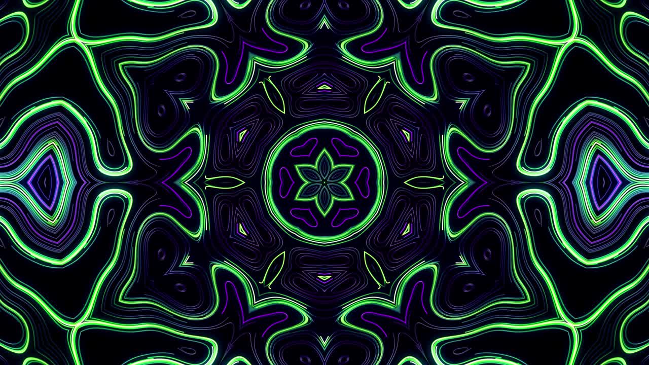 4k abstract looped bg con líneas intermitentes patrón como ornamento radial simétrico en el plano como bombillas o guirnalda de líneas. luma mate como alfa. estructura caleidoscópica con luces de neón flash.