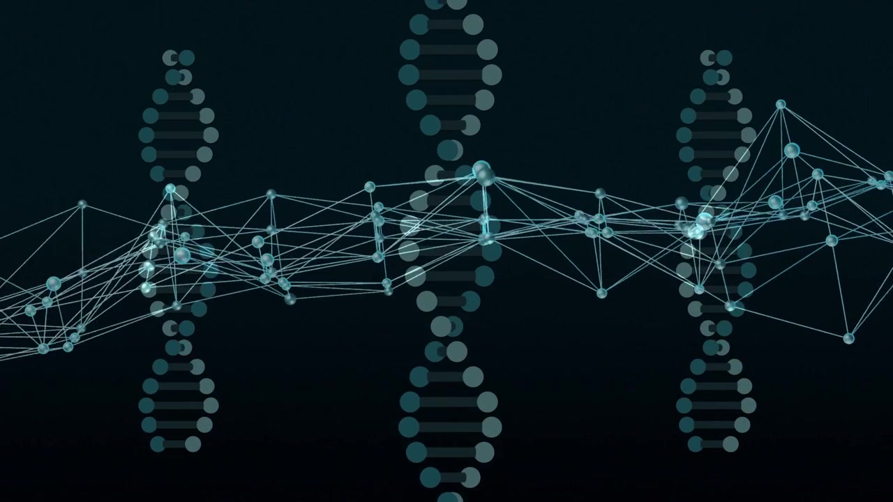 Dotted helices appearing, network nodes pulsing and aligning, forming bright peaks showing data