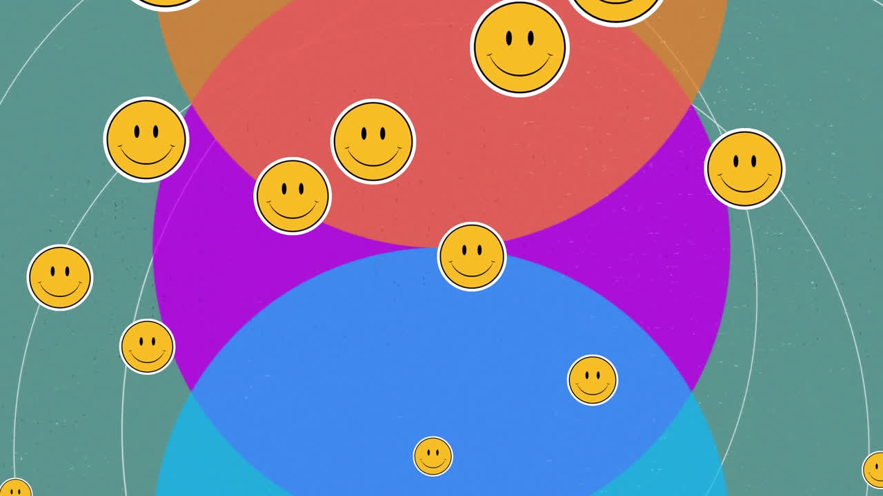 Animazione di faccine sorridenti che fluttuano su tre cerchi colorati, su sfondo verde.