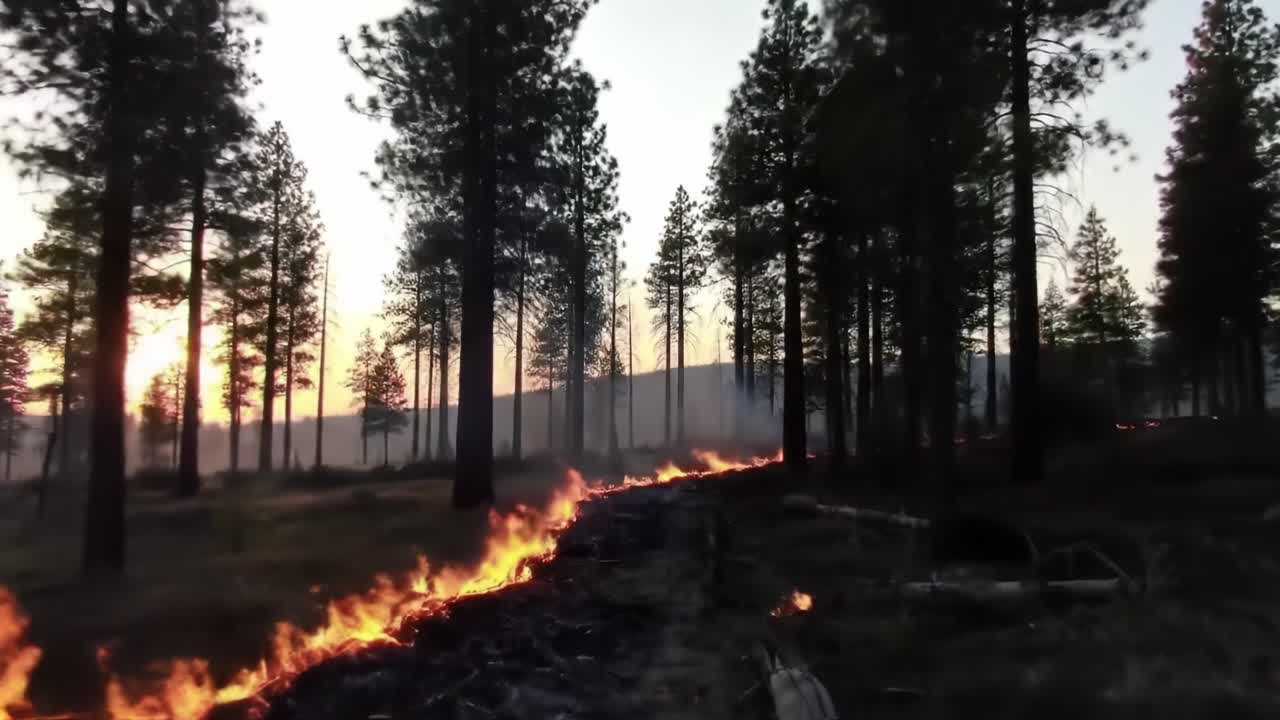 A dramatic depiction of a forest fire, showcasing flames consuming the forest under the setting sun, framed by tall trees and a hazy atmosphere conveying nature's struggle