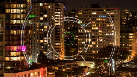 Targeting circles animation over city buildings at night