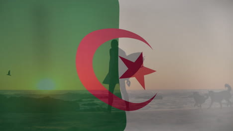 Walking dogs on beach at sunset, silhouette with Algerian flag animation overlay