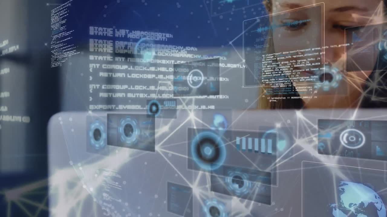 animación de datos en pantallas digitales y conexiones sobre adolescentes diversos y felices con computadoras portátiles