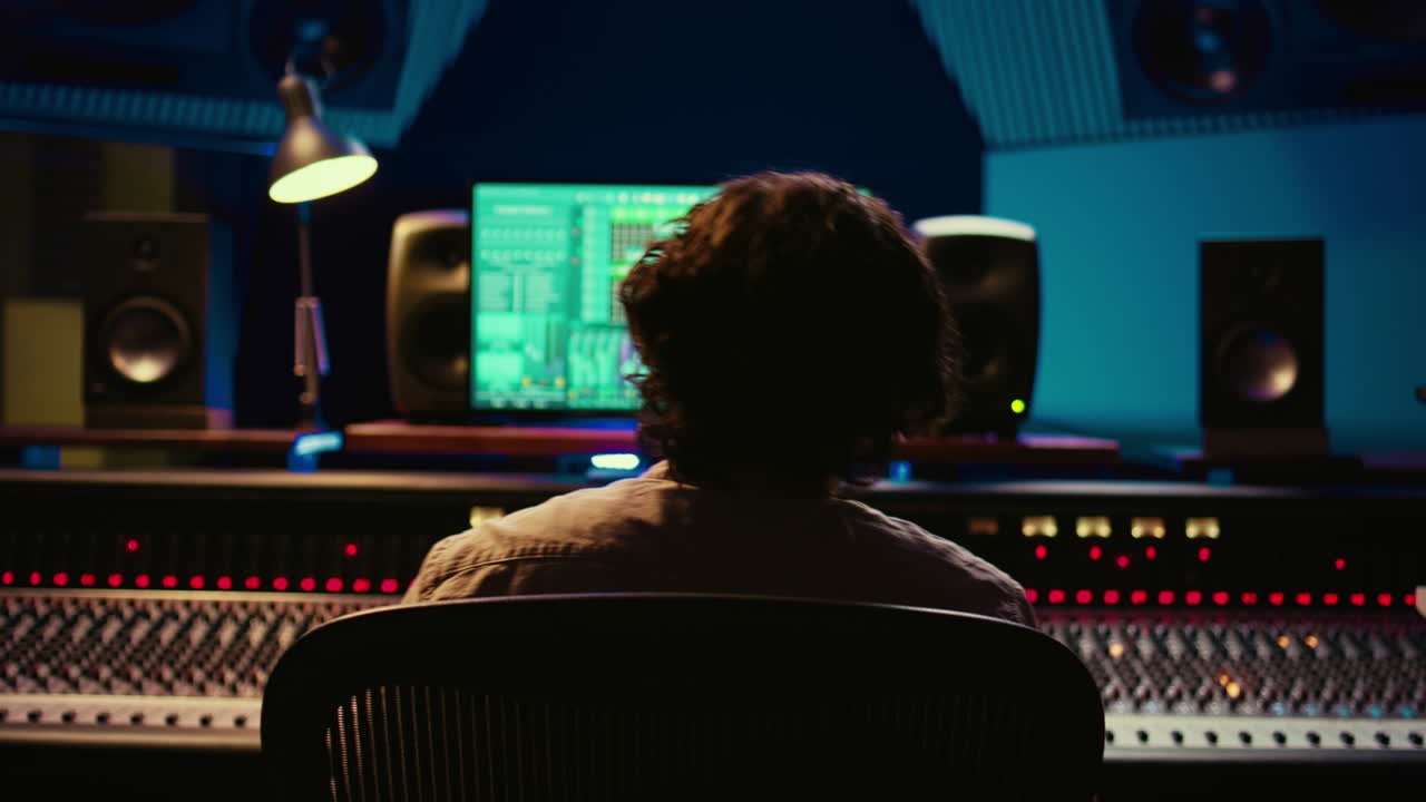 Music engineer producing sounds with mixing console and daw software interface
