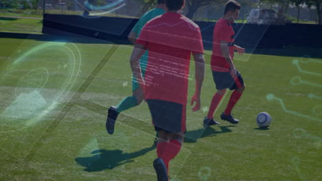 soccer players jockeying for ball on grass pitch, showing sports tech hud with circuit graphics