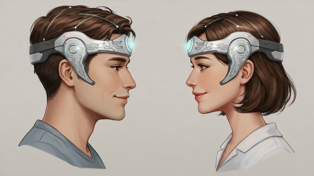 Contemplation of Innovation: Two Individuals Engaged with Futuristic Neurotechnology Devices, Highlighting Emotional Connection and Advanced Cognitive Interfaces
