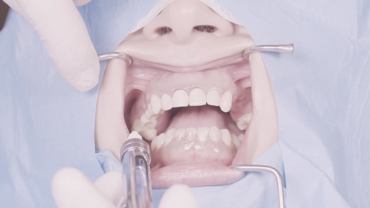 Dental procedure in progress with tools and retractors during patient treatment