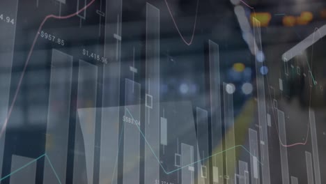 animation of statistics and financial data processing over out of focus city road lights