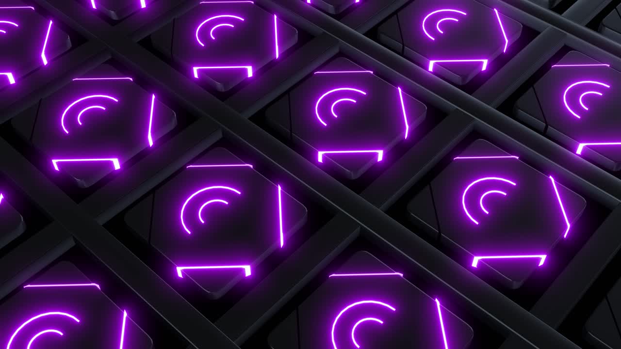 Abstract 3D Pattern with Purple Neon Glowing Symbols