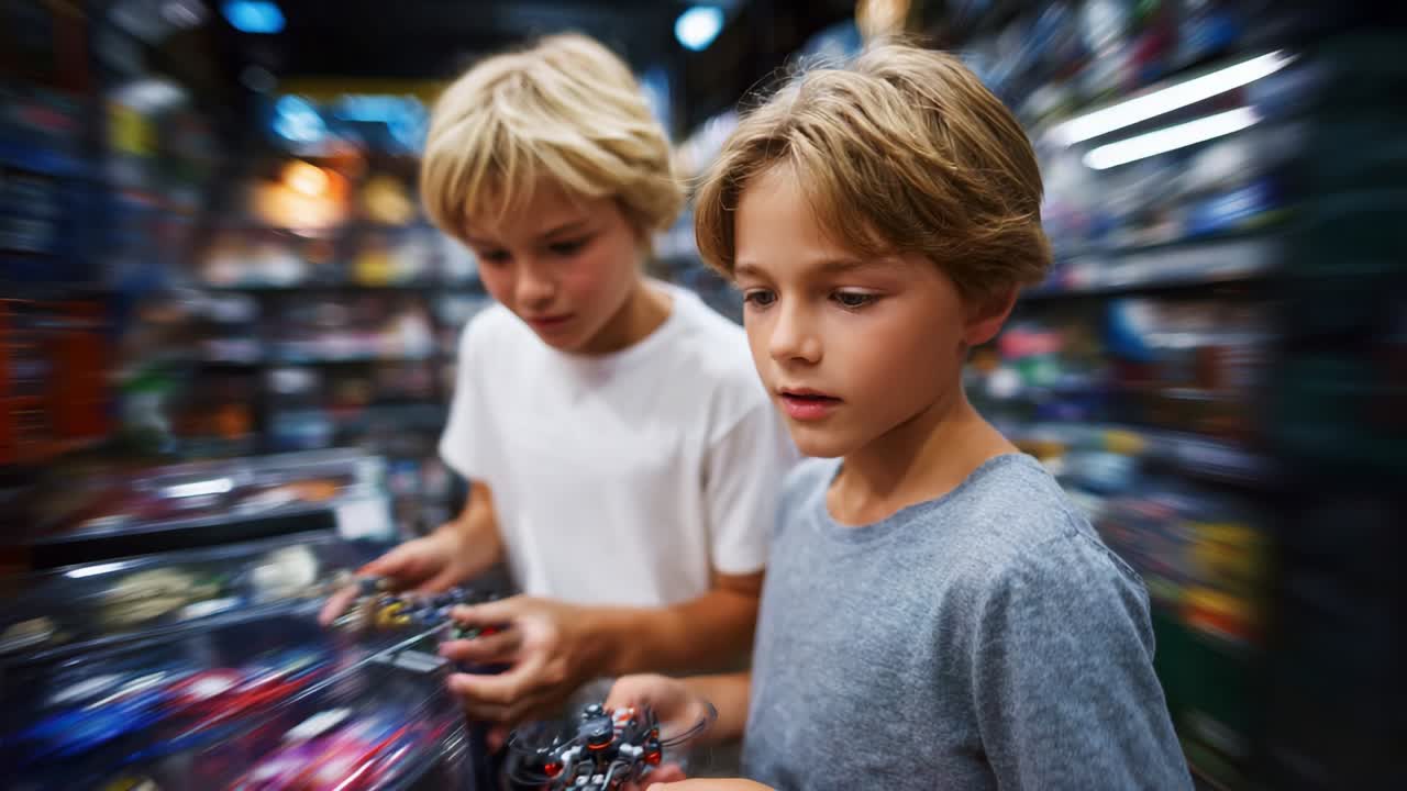 Two young boys explore a vibrant toy store, eagerly examining colorful miniature cars, showcasing their excitement and curiosity in a delightful shopping experience filled with joy and wonder