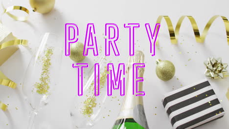 animation of party time text over cocktail glasses and bottle on white background