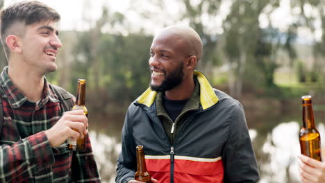 forest, cheers and group of people with beer