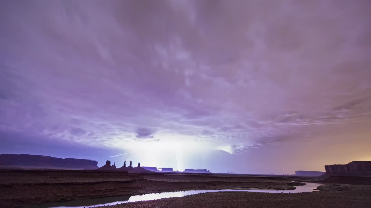 Video drammatico grandangolare di un cielo tempestoso su un vasto paesaggio desertico al crepuscolo.