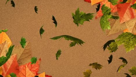 multiple autumn maple leaves falling over leaves and copy space against brown background