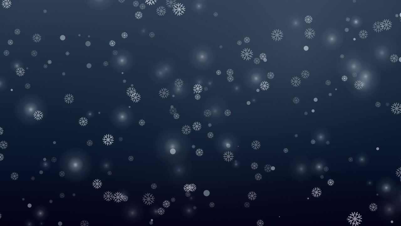 Animerte hvite snøflak driver sakte nedover mot en mørkeblå gradient nattehimmelbakgrunn.
