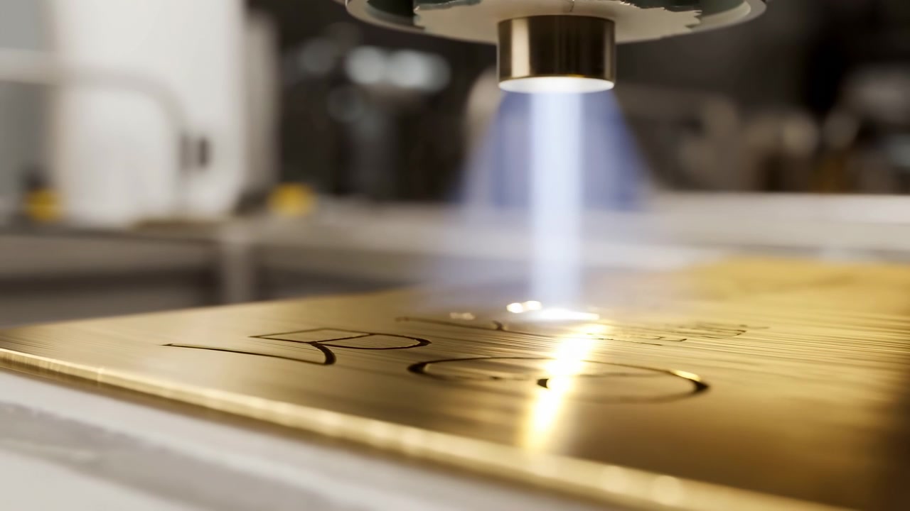 Closeup motion scene of precision engraving showing focused blue white beam striking polished gold colored plate, creating bright contact glow, fresh cut lines, recessed lettering, and reflective