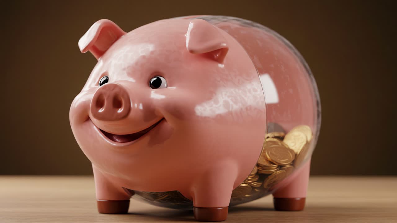 A Cheerful Piggy Bank Filled with Coins, Symbolizing Savings and Financial Planning, Radiates Joy and Optimism in a Minimalistic Background Setting