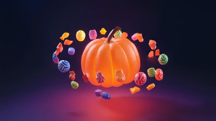 Emerging candy ring orbiting glowing orange pumpkin on dark studio floor, with red spotlight