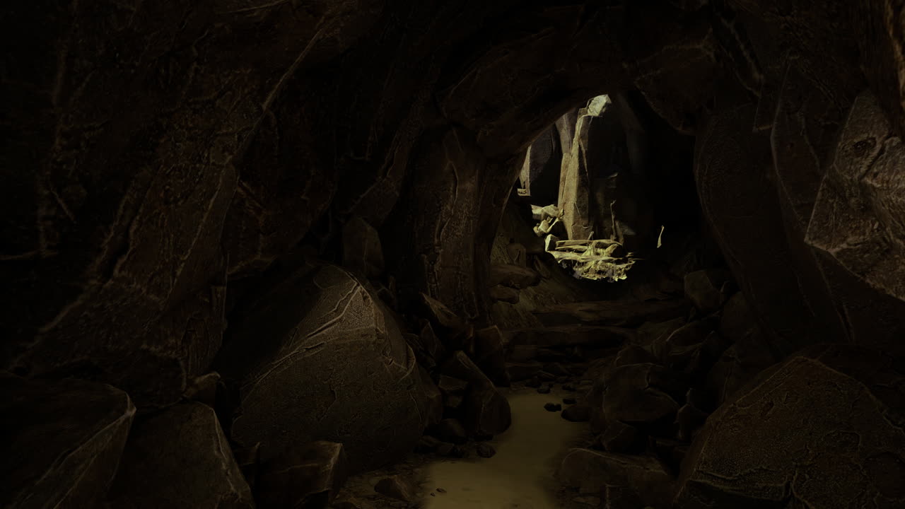Cave passage showcasing rocky formations with light entering from above