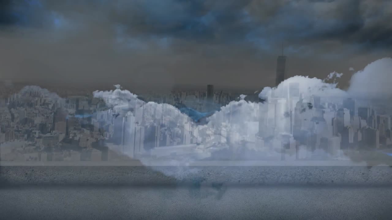 Animation of cityscape over clouds and shapes