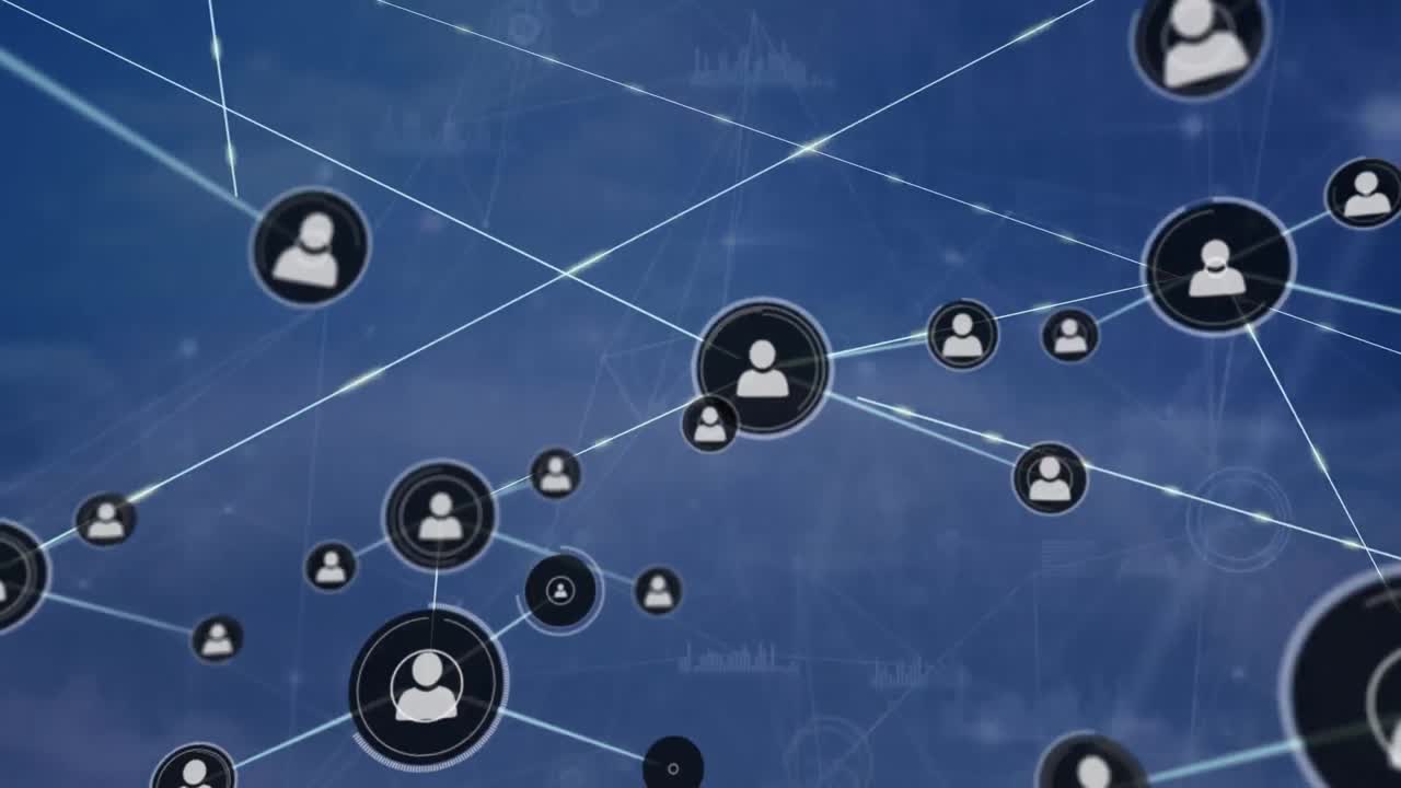 파란색 배경에 컴퓨터 회로판을 가진 사람들과의 연결 네트워크의 애니메이션 아이콘