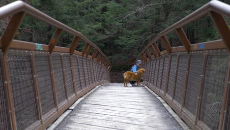 young woman hiker and her dog stop take a break in the middle of a metal bridge to take in the view of the river below