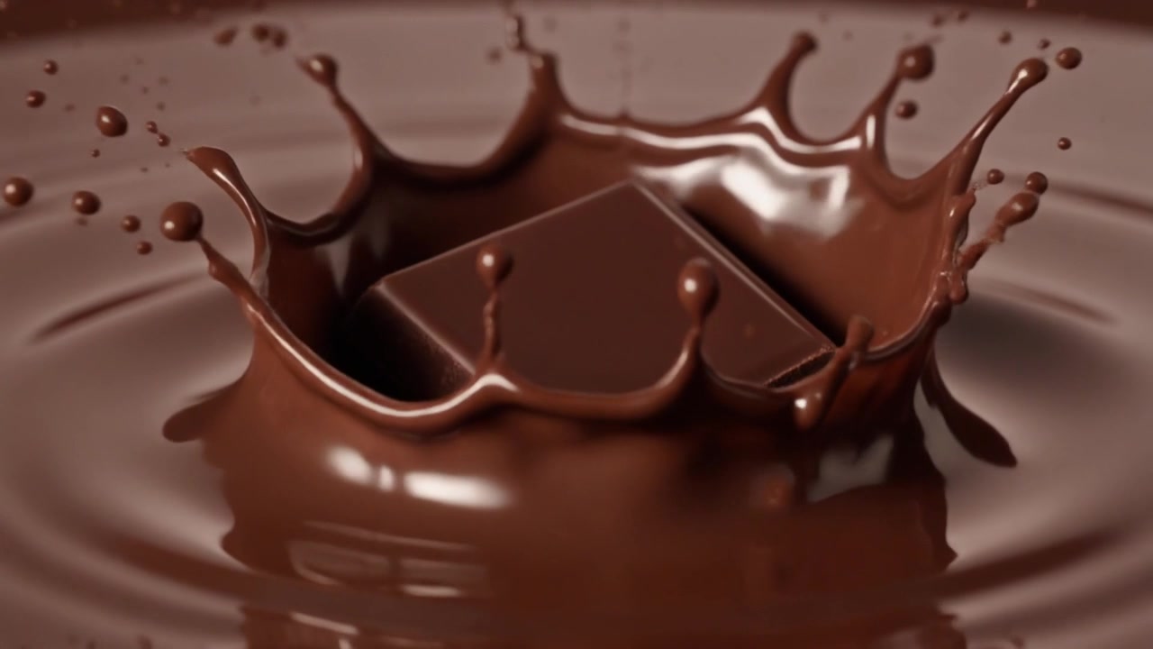 Tavoletta di cioccolato che cade nel cioccolato fuso con un getto che si versa