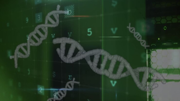 Animation of data processing and dna strands spinning