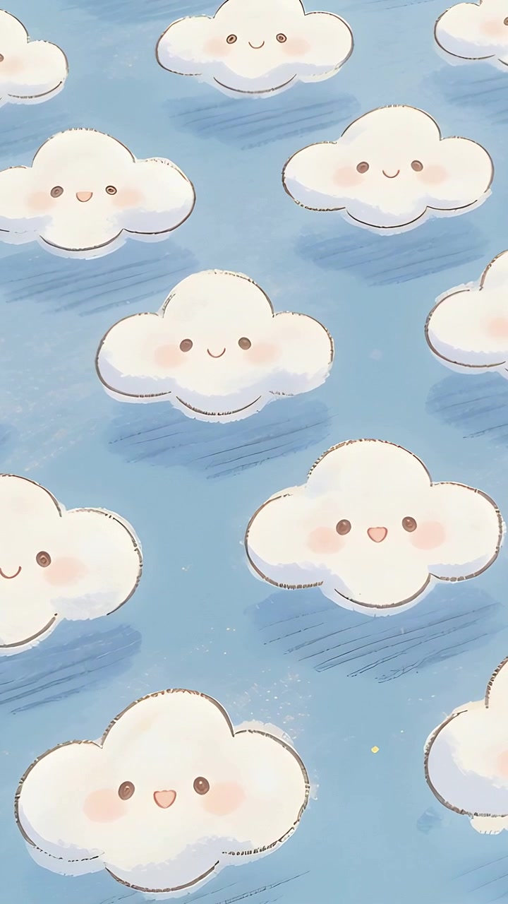 Vertical video: Looping smiling clouds bobbing gently on blue sky with sparkles creating calm loop