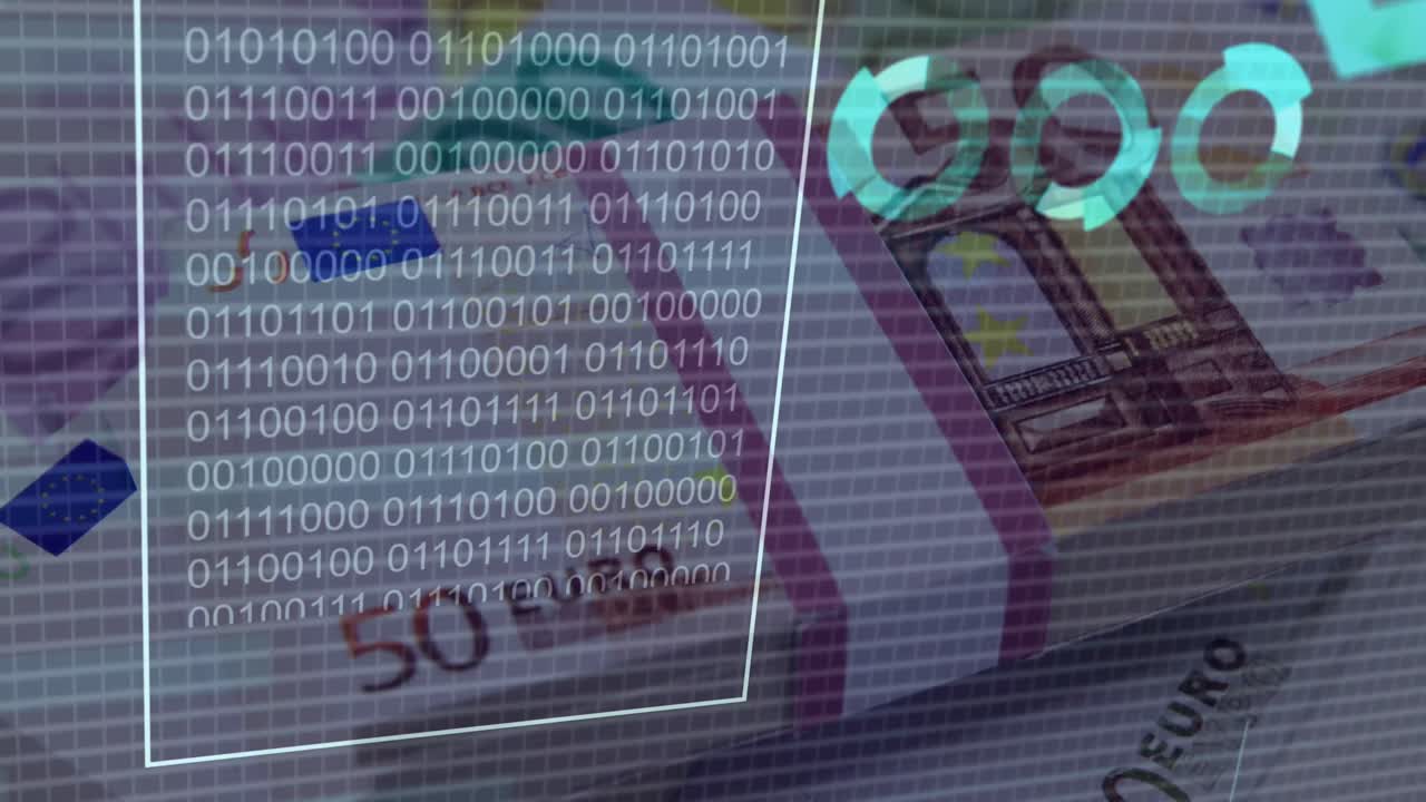 animación de los datos financieros y codificación binaria sobre los billetes en moneda euro.