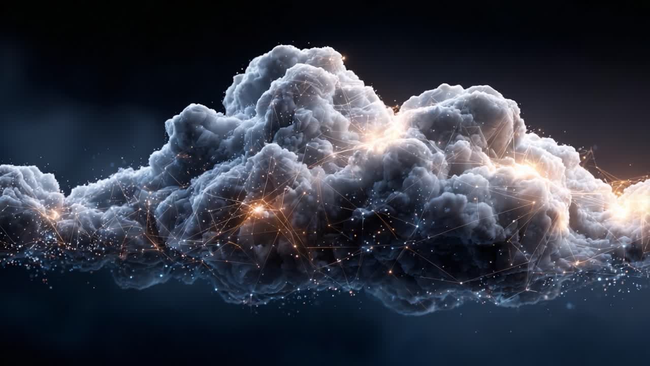A Stunning Visualization of a Celestial Cloud Formation Illuminated by Glowing Particles, Combining Nature and Digital Art in a Mesmerizing Display of Cosmic Beauty