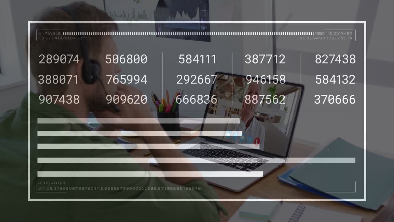 Vertical video: Man starting call at desk, HUD updating data and extending bars for health checks