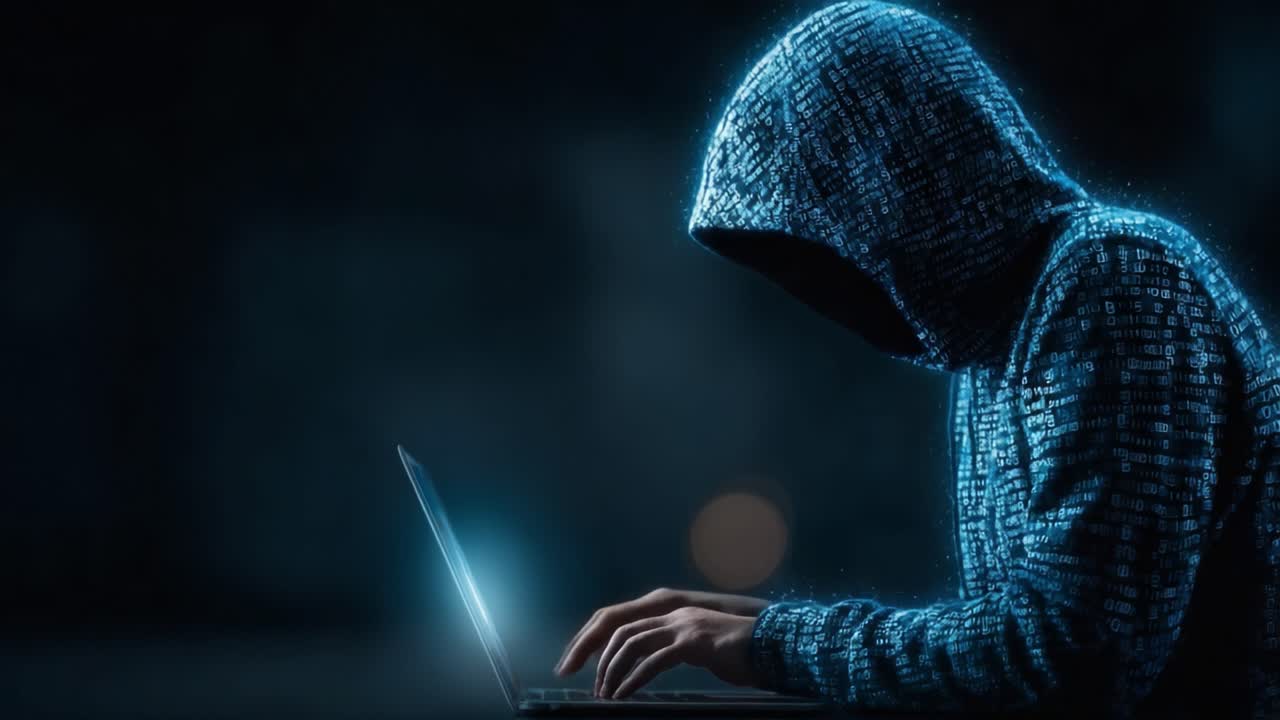 Una Figura Misteriosa con una Felpa con Cappuccio Interagisce con la Tecnologia, Illuminata dal Bagliore di uno Schermo di Laptop in una Stanza Oscurata, Suggerendo Intrigo ed Esplorazione Digitale