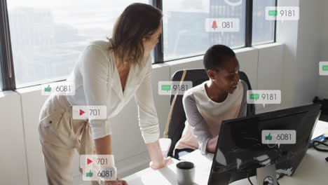 Animation-of-multiple-notification-bars-over-diverse-female-coworkers-discussing-reports-on-computer