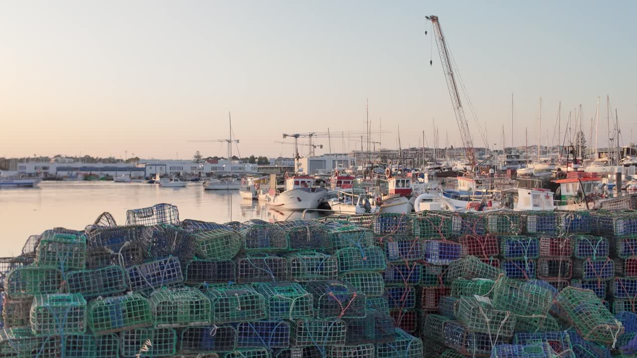 Stacks of colorful fishing traps laying on the shore of Lagos harbor with fishing boats and crane in the background