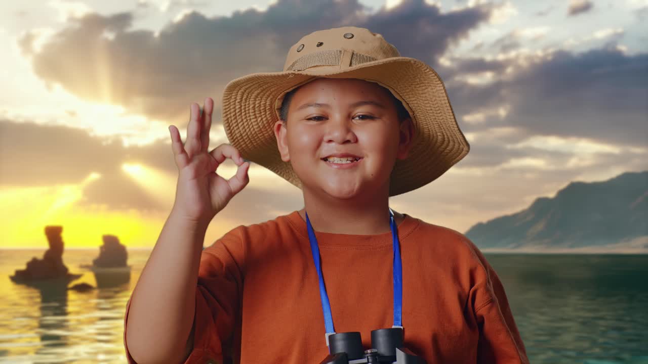Anak Laki-Laki Asia Memakai Topi Menunjukkan Gestur Oke Setelah Melihat Melalui Teropong. Anak Laki-Laki Peneliti Memeriksa Sesuatu di Pantai, Konsep Petualangan Pariwisata Perjalanan, Close Up