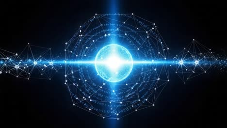a captivating visualization of a glowing blue sphere surrounded by interconnected networks and binary numbers, representing the fusion of technology and science.
