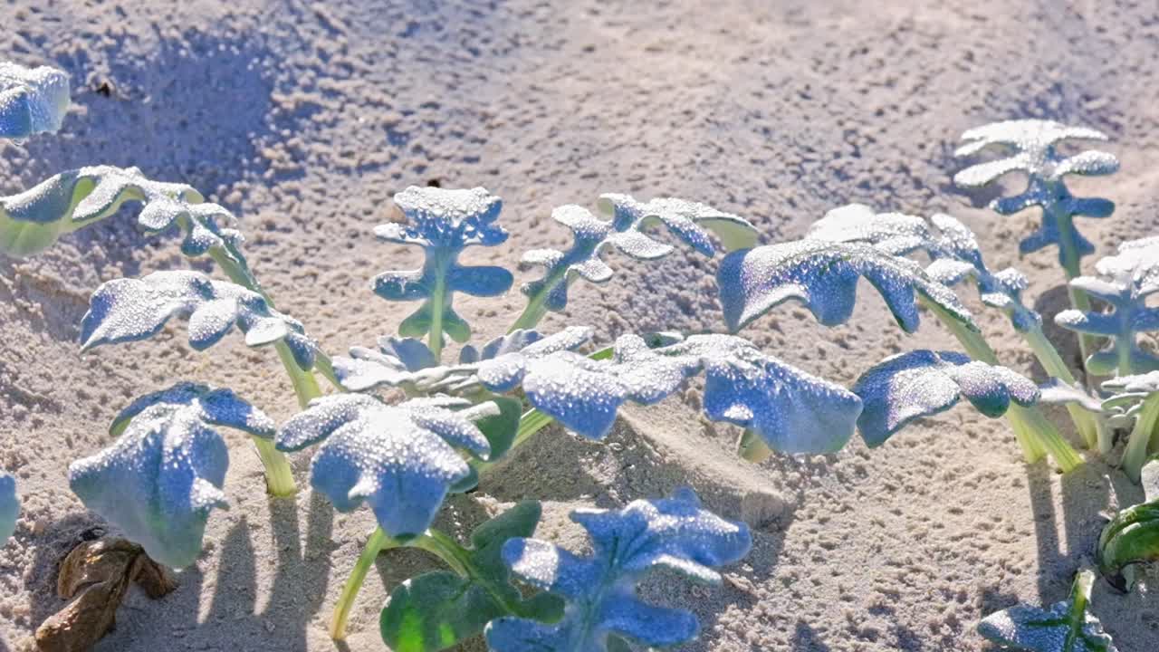 Arbusti resistenti che crescono sulla spiaggia, coperti di goccioline d'acqua dopo la rugiada mattutina