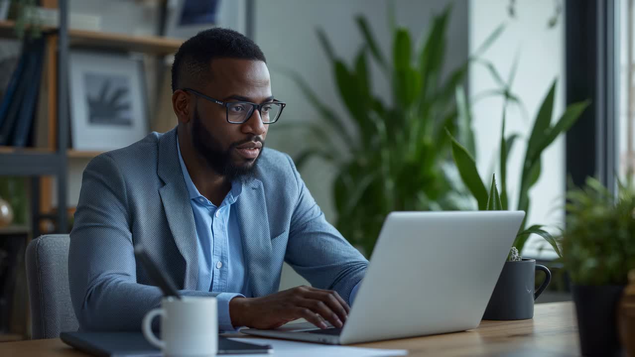 Notification popping up, man wearing glasses and grey blazer typing at laptop on desk, laughing