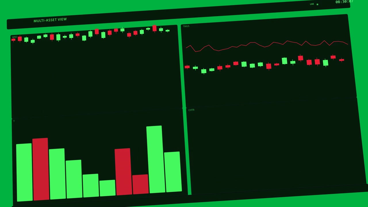 Trading dashboard tilting and leveling, charts updating, showing spike for analysis, transparent bg