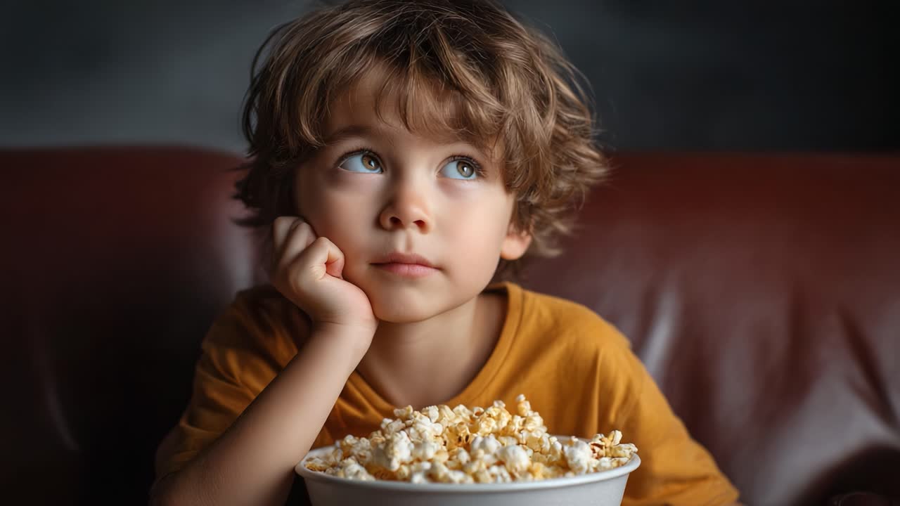 A Curious Child Enjoying a Bowl of Popcorn While Daydreaming on a Cozy Couch, Capturing the Innocence and Wonder of Youthful Imagination