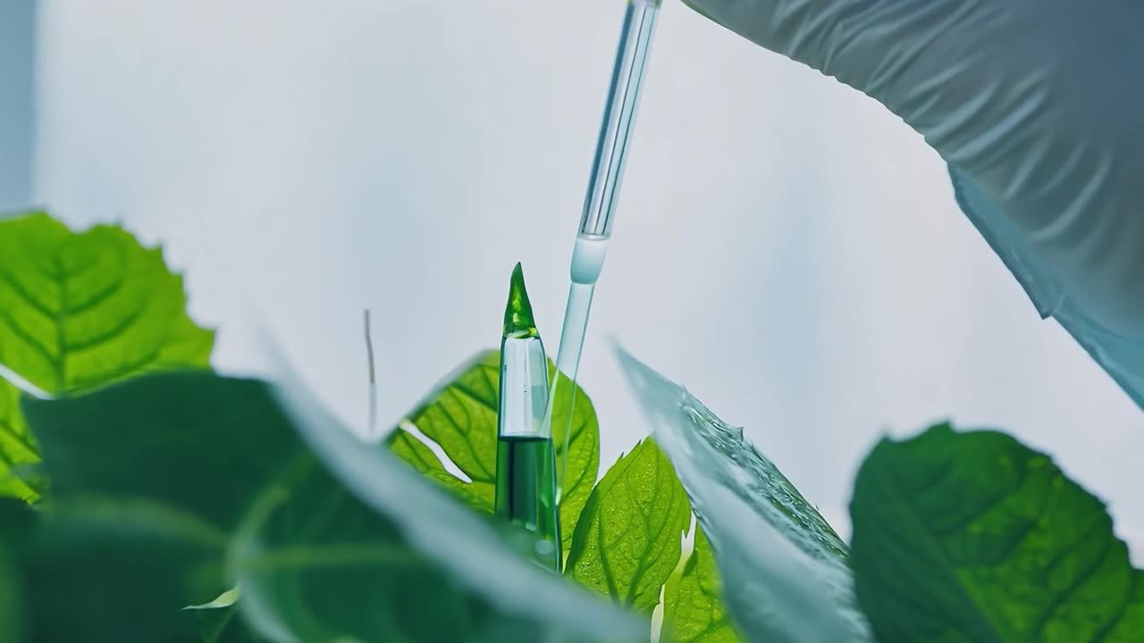 крупный план руки в перчатках с помощью пипетки для сброса жидкости на растение