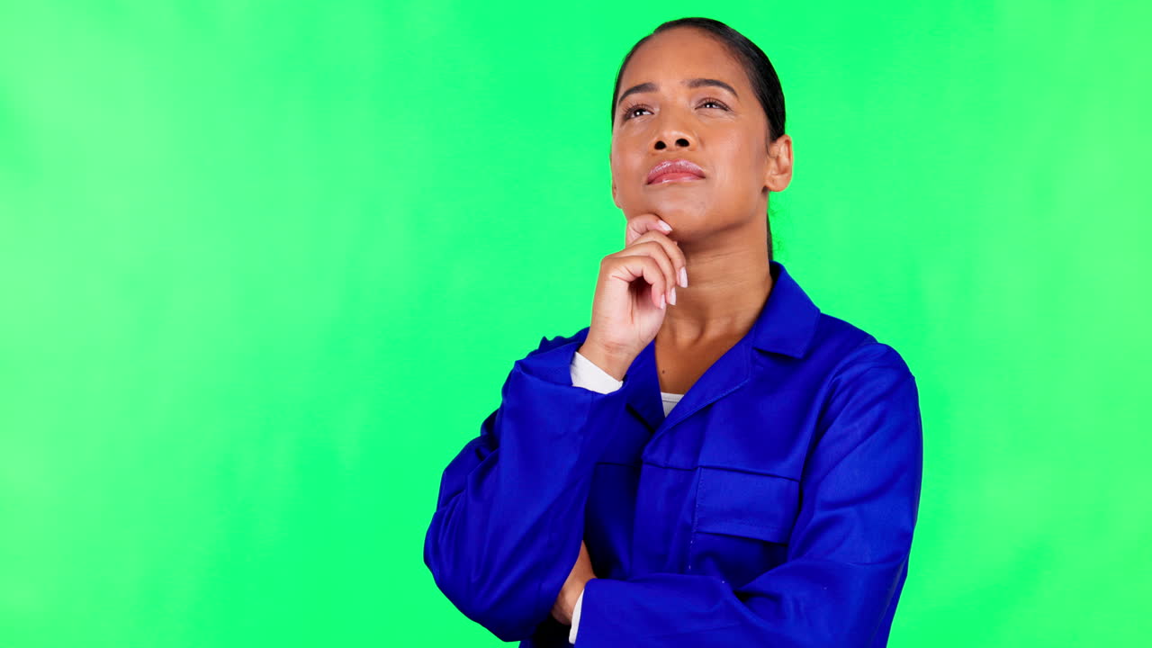 Thinking, space and contractor with woman on green