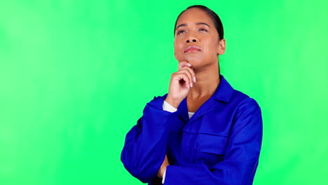 thinking, space and contractor with woman on green
