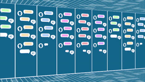 Animation of ai data processing over ai icons with computer servers
