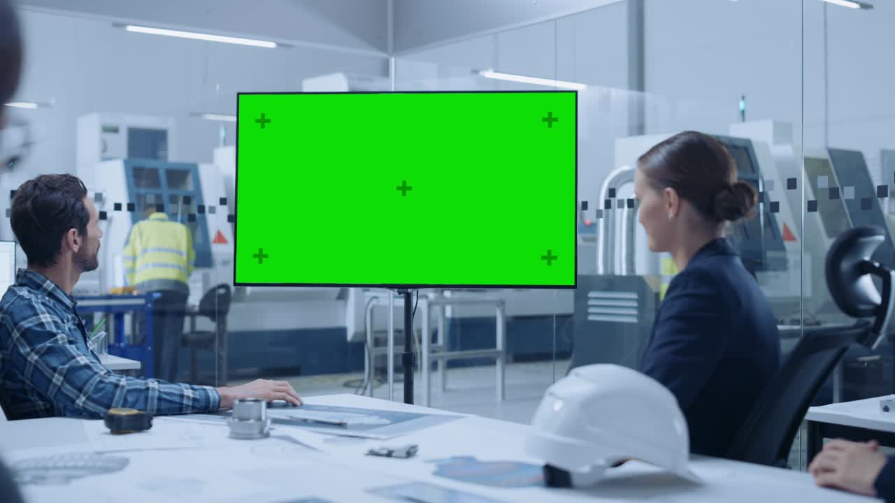 현대적인 공장 사무실 회의실: 다양한 엔지니어 팀, 관리자 및 투자자가 회의 테이블에서 이야기하고, 녹색 화면 크로마 키 모형을 보여주는 인터랙티브 tv를보고 있습니다.
