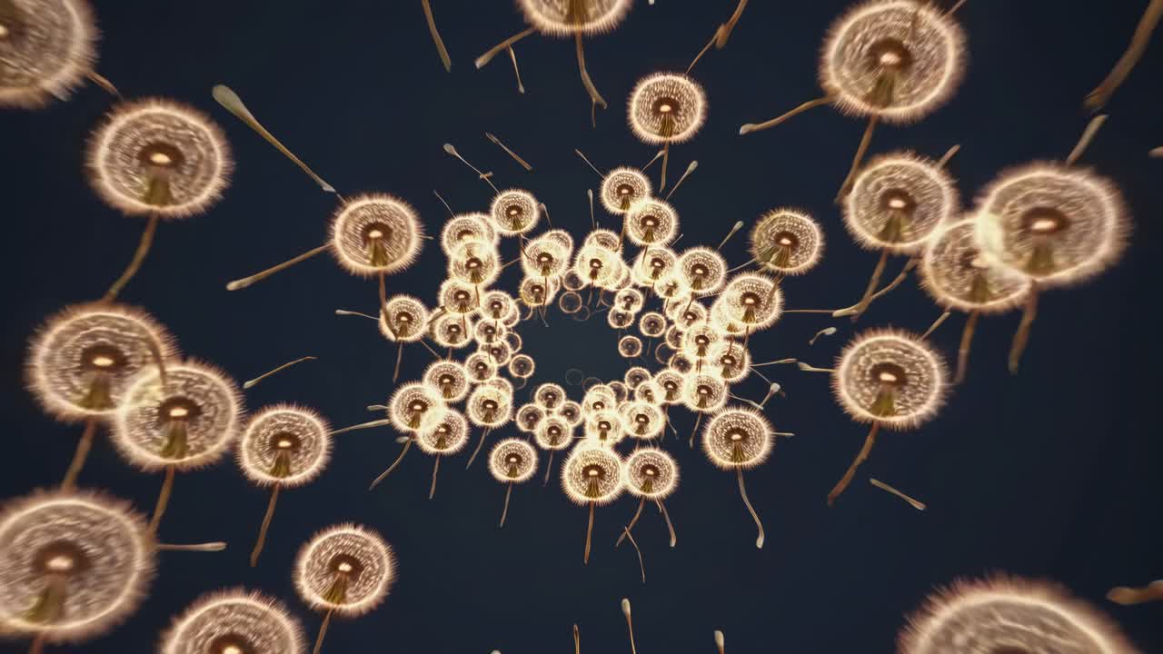 Dandelion Seeds Swirling Against Dark Background